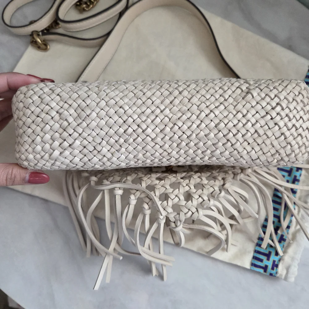 Tory Burch Ivory Woven Fringe Crossbody with Gold Hardware